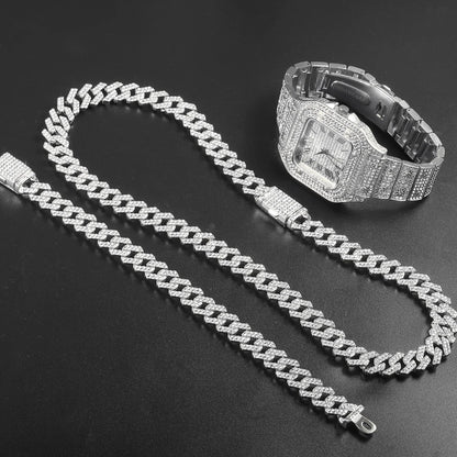 Hip Hop 13MM Cuban Chain 3PCS Watch, Necklace, Bracelet Set For Men