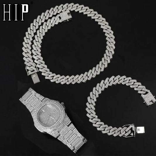 Hip Hop Iced Out 13.5MM 3PCS Set Watch, Prong Cuban Necklace, Bracelet  For Men