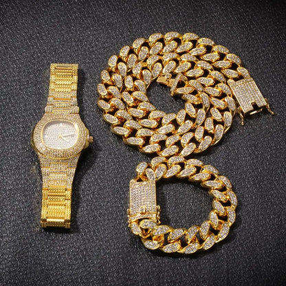 20mm Hip Hop Cuban Link Necklace, Watch, Bracelet for Women and Men