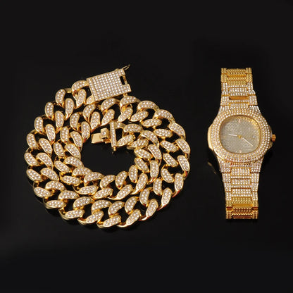 1Set Iced Out Miami Cuban Chain Necklace, Bracelet, Watch