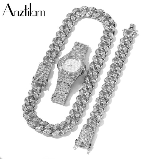 20mm Hip Hop Cuban Link Necklace, Watch, Bracelet for Women and Men