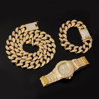 1Set Iced Out Miami Cuban Chain Necklace, Bracelet, Watch