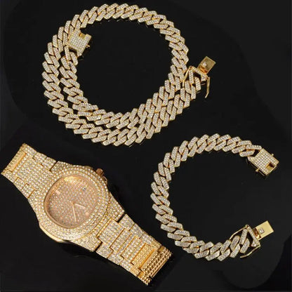 Hip Hop Iced Out 13.5MM 3PCS Set Watch, Prong Cuban Necklace, Bracelet  For Men