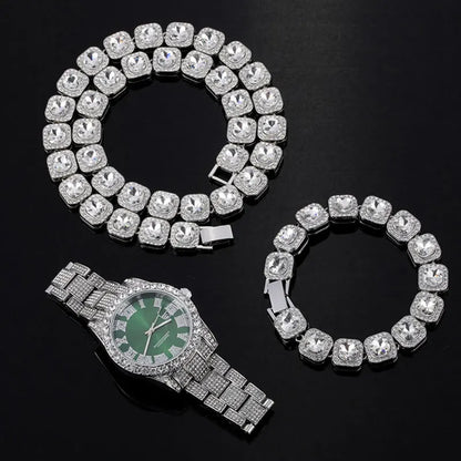 Hip Hop Iced Out 12MM 3PCS Set Watch, Necklace, Bracelet For Men