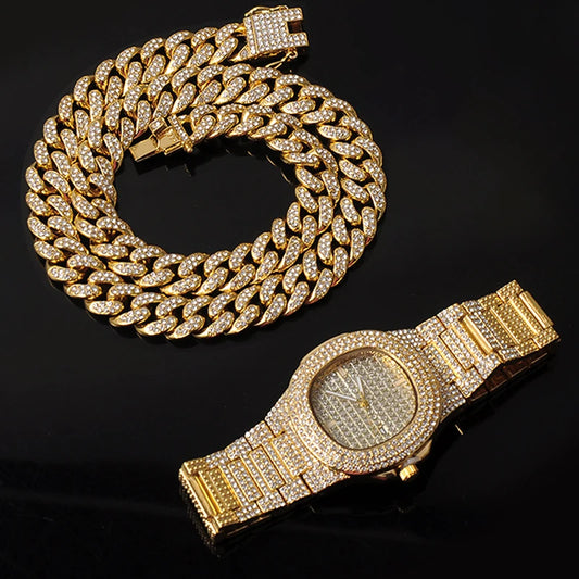 Hip Hop Miami Necklace, Watch, Bracelet Full Iced Out Paved Rhinestones CZ Bling For Men