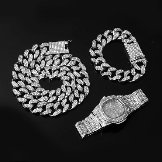 1Set Iced Out Miami Cuban Chain Necklace, Bracelet, Watch