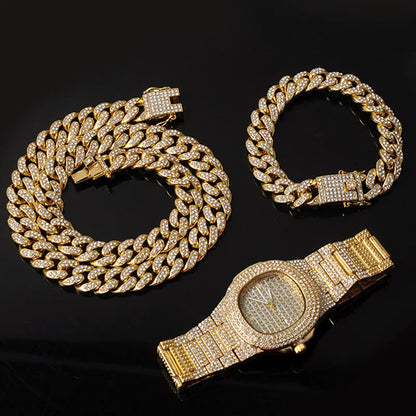 Hip Hop Miami Necklace, Watch, Bracelet Full Iced Out Paved Rhinestones CZ Bling For Men