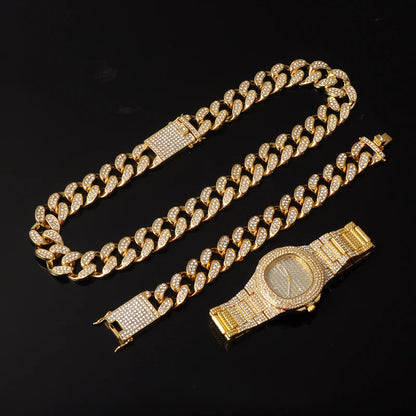 1Set Iced Out Miami Cuban Chain Necklace, Bracelet, Watch