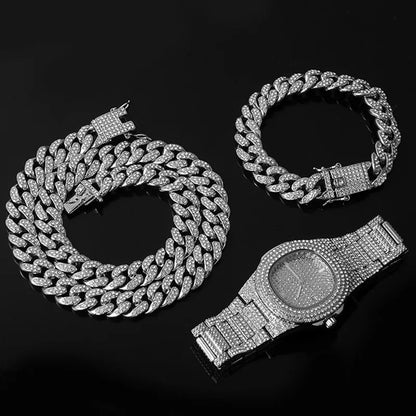 Hip Hop Miami Necklace, Watch, Bracelet Full Iced Out Paved Rhinestones CZ Bling For Men