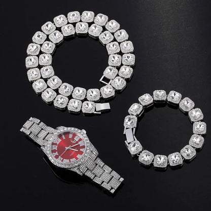 Hip Hop Iced Out 12MM 3PCS Set Watch, Necklace, Bracelet For Men