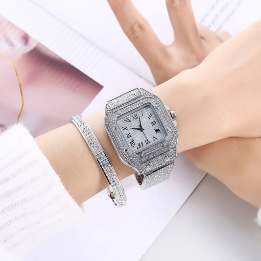 Iced Out Watch, Bangle Set for Men and Women