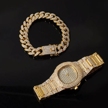 Hip Hop Miami Necklace, Watch, Bracelet Full Iced Out Paved Rhinestones CZ Bling For Men