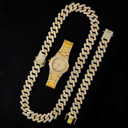 HipHop Watch, Necklace, Bracelet Bling AAA+ Iced Out Set