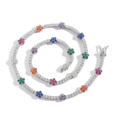 2.5mm Colorful Cubic Zirconia Flowers Baguette Tennis Chain for Men and Women