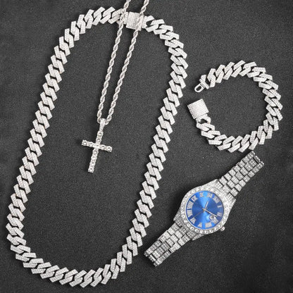 Iced Out High Quality Set Watch, Necklace, Cross, Bracelet For Men