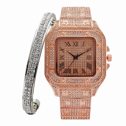 Iced Out Watch, Bangle Set for Men and Women