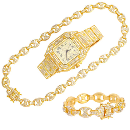 2024 New Iced Out Necklace, Watch, Bracelet Set