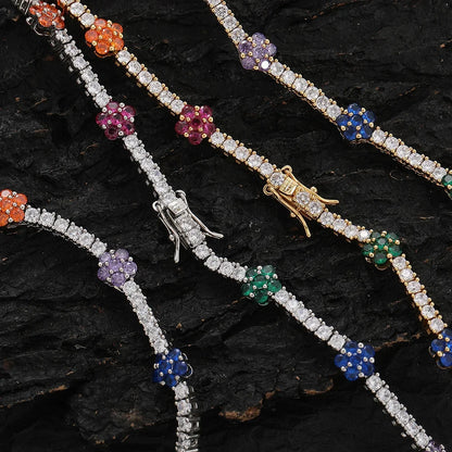 2.5mm Colorful Cubic Zirconia Flowers Baguette Tennis Chain for Men and Women