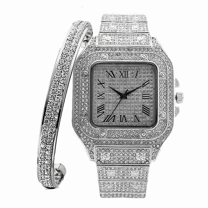 Iced Out Watch, Bangle Set for Men and Women