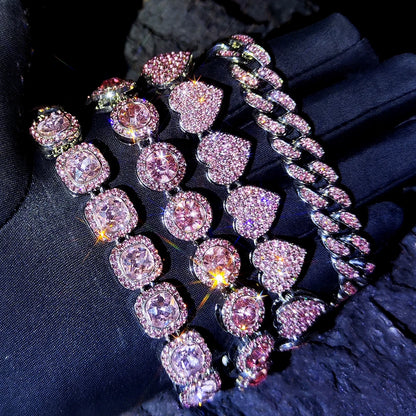 1Pcs Pink Rhinestones Miami Cuban Chain Bracelet for Men And Women