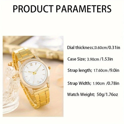 6Pcs Classic Women's Gold Steel Band Quartz Watch Water Diamond Ring Necklace Bracelet Set