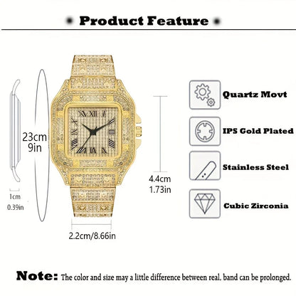 Men's Fashion Hip Hop Crystal Inlaid Watch And Cuban Hand Chain