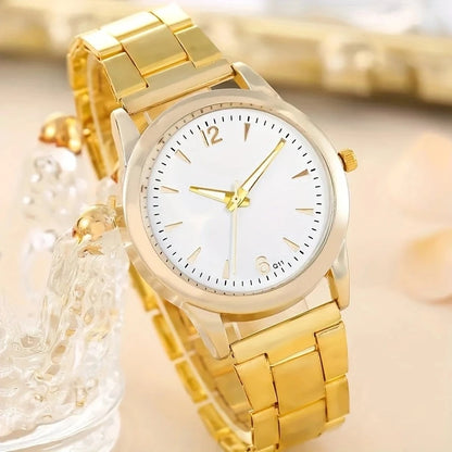 6Pcs Classic Women's Gold Steel Band Quartz Watch Water Diamond Ring Necklace Bracelet Set