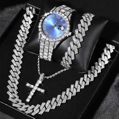 Iced Out High Quality Set Watch, Necklace, Cross, Bracelet For Men