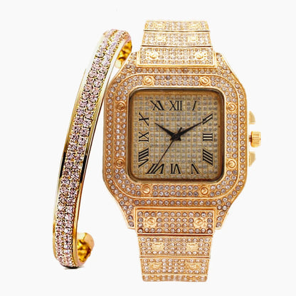 Iced Out Watch, Bangle Set for Men and Women