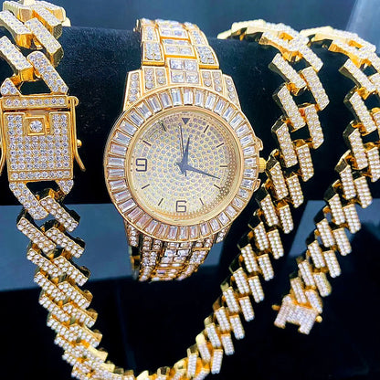 3PC Hip Hop Luxury Watch, Necklace, Bracelet Jewelry Set for Men and Women