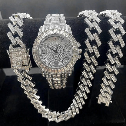 3PC Hip Hop Luxury Watch, Necklace, Bracelet Jewelry Set for Men and Women