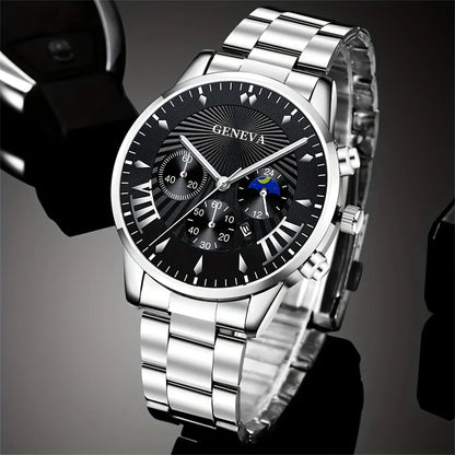 3pcs/set, Classic Fashion Men's Business Calendar Stainless Steel Quartz Watch & Bracelet Necklace