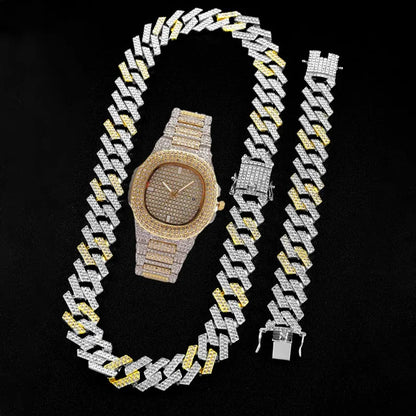 HipHop Watch, Necklace, Bracelet Bling AAA+ Iced Out Set