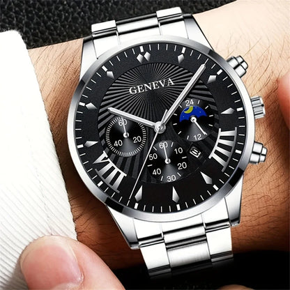 3pcs/set, Classic Fashion Men's Business Calendar Stainless Steel Quartz Watch & Bracelet Necklace