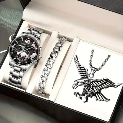 Trendy Business Large Dial Steel Band Quartz Watch & Bracelet Necklace Set