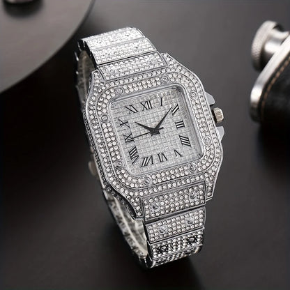 Men's Fashion Hip Hop Crystal Inlaid Watch And Cuban Hand Chain