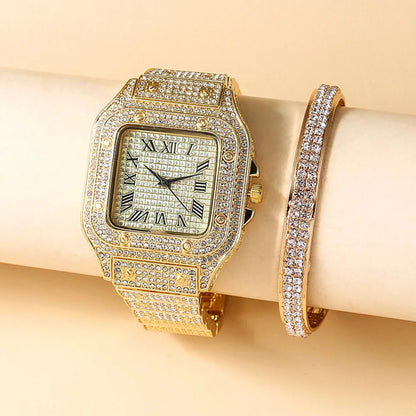 Iced Out Watch, Bangle Set for Men and Women