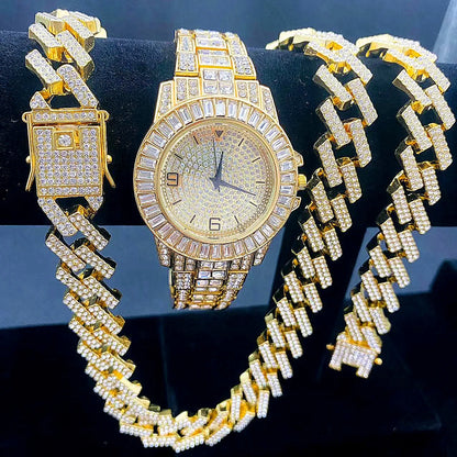 3PC Hip Hop Luxury Watch, Necklace, Bracelet Jewelry Set for Men and Women