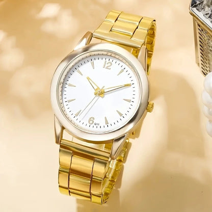 6Pcs Classic Women's Gold Steel Band Quartz Watch Water Diamond Ring Necklace Bracelet Set