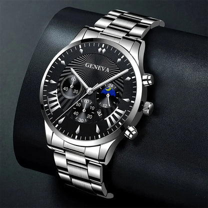 3pcs/set, Classic Fashion Men's Business Calendar Stainless Steel Quartz Watch & Bracelet Necklace