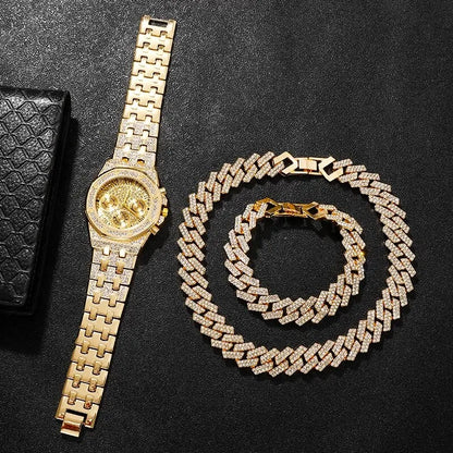 14mm Hip Hop Miami Iced Out Set Necklace, Watch, Bracelet For Men