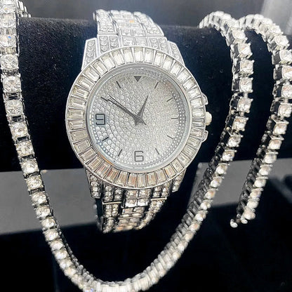 3PCS Luxury Iced Out Set for Men and Women Tennis Chain Bracelet, Necklace, Watch