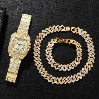 Hip Hop Iced Out Chain, Watch, Bracelet Set For Men