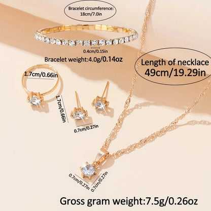 6Pcs Classic Women's Gold Steel Band Quartz Watch Water Diamond Ring Necklace Bracelet Set