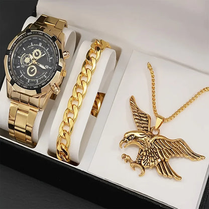 Trendy Business Large Dial Steel Band Quartz Watch & Bracelet Necklace Set