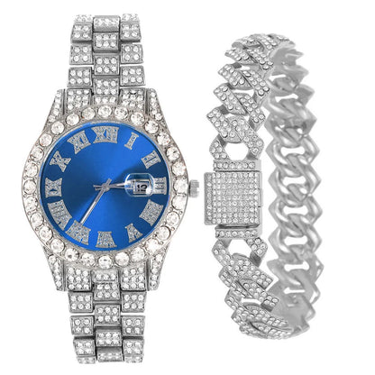 Iced Out High Quality Set Watch, Necklace, Cross, Bracelet For Men