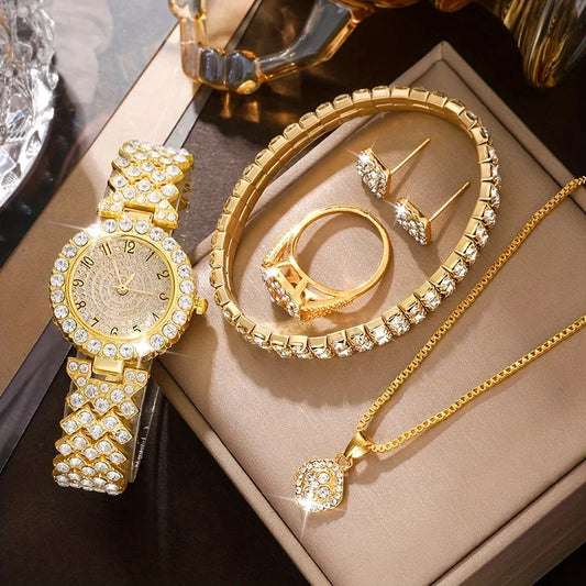 Glittering Luxury Rhinestone Womens Set - Precise Quartz, 6-Piece Analog Wrist Watches & Jewelry Ensemble