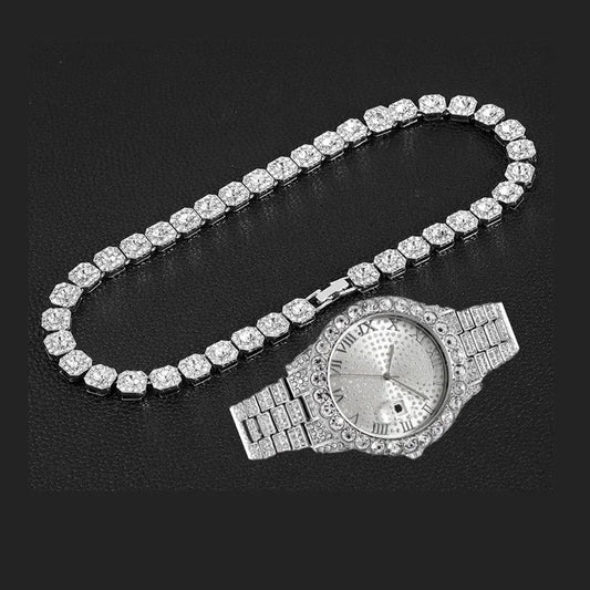 2 PCS  Necklace and Watch, Iced Out Set For Men