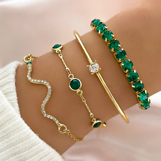 4Pcs Vintage Green Crystal Gold Color Bracelets for Women