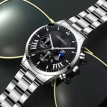 3pcs/set, Classic Fashion Men's Business Calendar Stainless Steel Quartz Watch & Bracelet Necklace